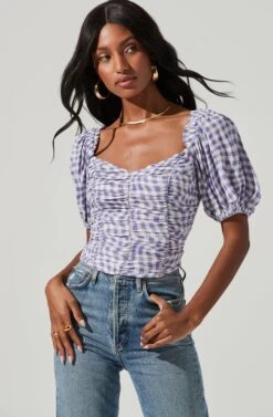 Ruched Short Puff Sleeve Top -Astr The Label Shop AT17231 BLUE GINHAM 0925