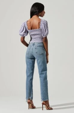 Ruched Short Puff Sleeve Top -Astr The Label Shop AT17231 BLUE GINHAM 0928