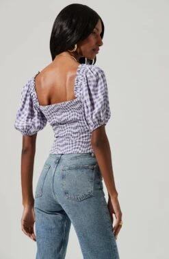 Ruched Short Puff Sleeve Top -Astr The Label Shop AT17231 BLUE GINHAM 0931