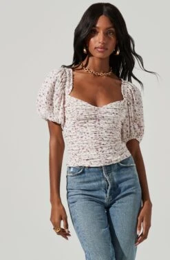 Ruched Short Puff Sleeve Top -Astr The Label Shop AT17231 CREAM LAVENDER DITSY 1274