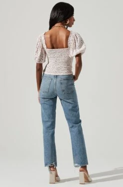 Ruched Short Puff Sleeve Top -Astr The Label Shop AT17231 CREAM LAVENDER DITSY 1276