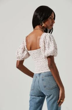 Ruched Short Puff Sleeve Top -Astr The Label Shop AT17231 CREAM LAVENDER DITSY 1278