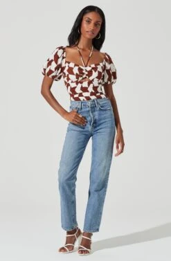 Tie Neck Floral Cut Out Puff Sleeve Top -Astr The Label Shop AT17253 BROWNOFFWHITEABST 1