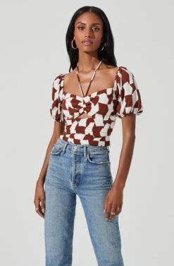 Tie Neck Floral Cut Out Puff Sleeve Top -Astr The Label Shop AT17253 BROWNOFFWHITEABST 3