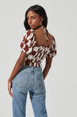 Tie Neck Floral Cut Out Puff Sleeve Top -Astr The Label Shop AT17253 BROWNOFFWHITEABST 4