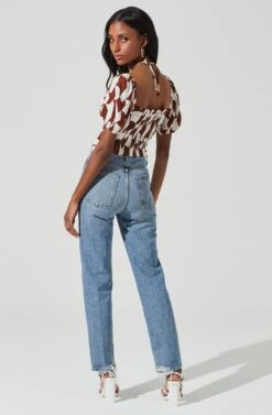 Tie Neck Floral Cut Out Puff Sleeve Top -Astr The Label Shop AT17253 BROWNOFFWHITEABST 5