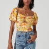 Tie Neck Floral Cut Out Puff Sleeve Top -Astr The Label Shop AT17253 ORANGELILACFLORAL 2