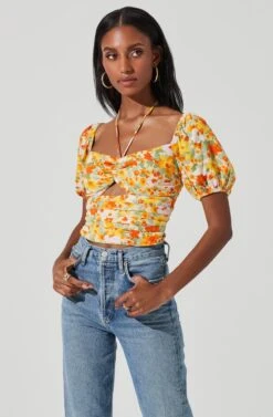 Tie Neck Floral Cut Out Puff Sleeve Top -Astr The Label Shop AT17253 ORANGELILACFLORAL 3