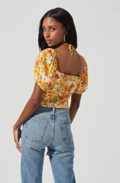 Tie Neck Floral Cut Out Puff Sleeve Top -Astr The Label Shop AT17253 ORANGELILACFLORAL 4
