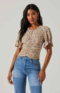 Floral Key Hole Flutter Sleeve Top -Astr The Label Shop AT17291 SAGEPEACHDITSY 3