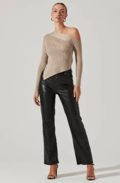 Off Shoulder Ribbed Knit Sweater -Astr The Label Shop AT17433A OATMEAL 1