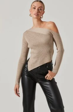 Off Shoulder Ribbed Knit Sweater -Astr The Label Shop AT17433A OATMEAL 2