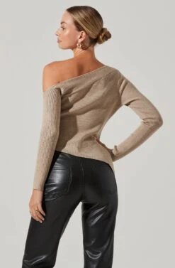 Off Shoulder Ribbed Knit Sweater -Astr The Label Shop AT17433A OATMEAL 3