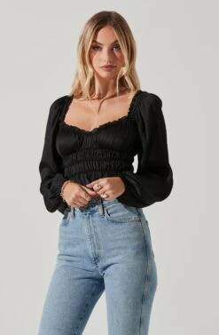 Rowan Satin Peplum Hem Long Sleeve Top -Astr The Label Shop AT17542 BLACK 3