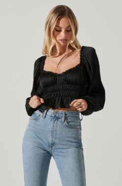 Rowan Satin Peplum Hem Long Sleeve Top -Astr The Label Shop AT17542 BLACK 4