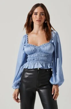 Rowan Satin Peplum Hem Long Sleeve Top -Astr The Label Shop AT17542 BLUE 2