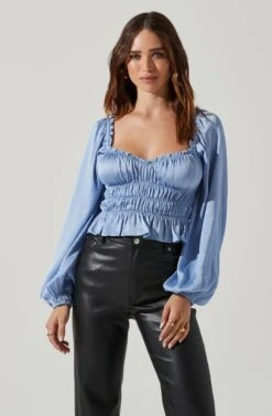 Rowan Satin Peplum Hem Long Sleeve Top -Astr The Label Shop AT17542 BLUE 3