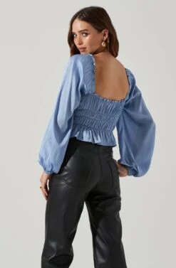 Rowan Satin Peplum Hem Long Sleeve Top -Astr The Label Shop AT17542 BLUE 4