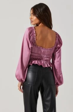 Rowan Satin Peplum Hem Long Sleeve Top -Astr The Label Shop AT17542 PINK 3