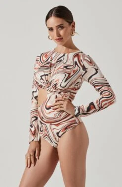 Cassidy Marble Swirl Side Cutout Bodysuit -Astr The Label Shop AT17550B BROWNSWIRL 3