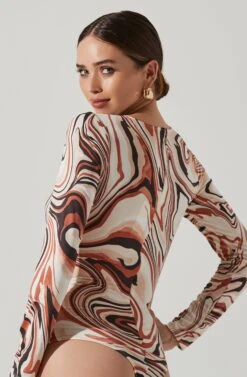 Cassidy Marble Swirl Side Cutout Bodysuit -Astr The Label Shop AT17550B BROWNSWIRL 4