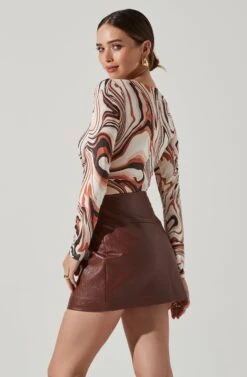 Cassidy Marble Swirl Side Cutout Bodysuit -Astr The Label Shop AT17550B BROWNSWIRL 5