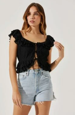 Tiered Ruffle Sleeve Tie Front Top -Astr The Label Shop AT17687 BLACK 3