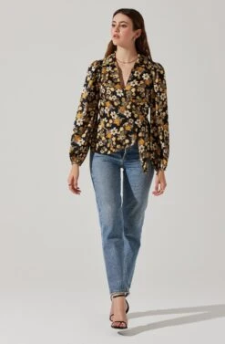 Asymmetrical Collared Floral Wrap Top -Astr The Label Shop AT17922 BLACKYELLOWFLORAL 2