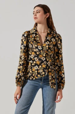 Asymmetrical Collared Floral Wrap Top -Astr The Label Shop AT17922 BLACKYELLOWFLORAL 3