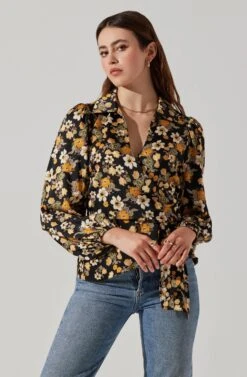 Asymmetrical Collared Floral Wrap Top -Astr The Label Shop AT17922 BLACKYELLOWFLORAL 4