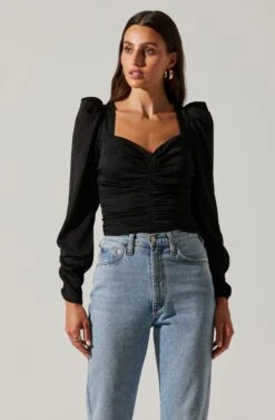 Long Sleeve Ruched Puff Sleeve Top -Astr The Label Shop AT17932YS BLACK 3