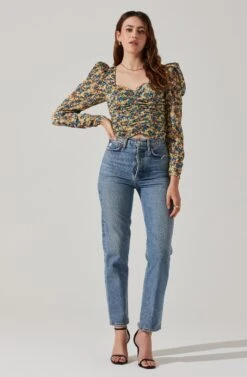 Long Sleeve Floral Ruched Top -Astr The Label Shop AT17932 ORANGEBLACKDITSY 2