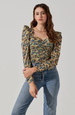 Long Sleeve Floral Ruched Top -Astr The Label Shop AT17932 ORANGEBLACKDITSY 3