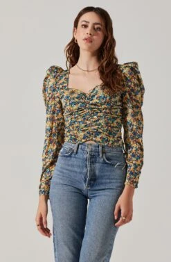 Long Sleeve Floral Ruched Top