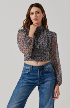 Floral Puff Sleeve Mock Neck Top 12 Floral Puff Sleeve Mock Neck Top -Astr The Label Shop AT17933 BLACKPURPLEFLORAL 4