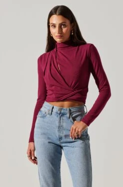 Asymmetrical Pleated Cutout Mock Neck Top -Astr The Label Shop AT17934 BERRY 3