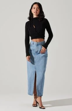 Asymmetrical Pleated Cutout Mock Neck Top -Astr The Label Shop AT17934 BLACK 4