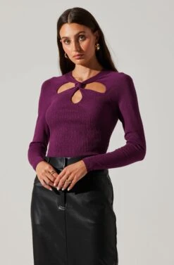 Twist Neck Cutout Sweater 20 Twist Neck Cutout Sweater -Astr The Label Shop AT17944 PLUM 1