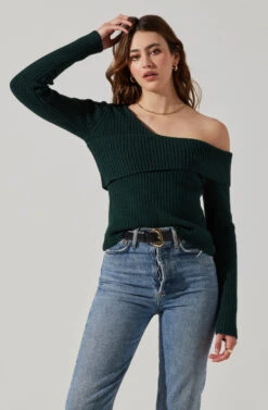 Asymmetrical Foldover Sweater -Astr The Label Shop AT18062 DEEPGREEN 4