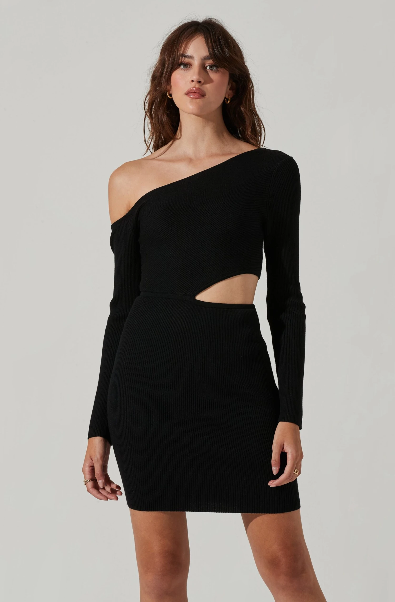 One Shoulder Long Sleeve Cut-Out Rib Knit Mini Dress 4 One Shoulder Long Sleeve Cut-Out Rib Knit Mini Dress - Image 2